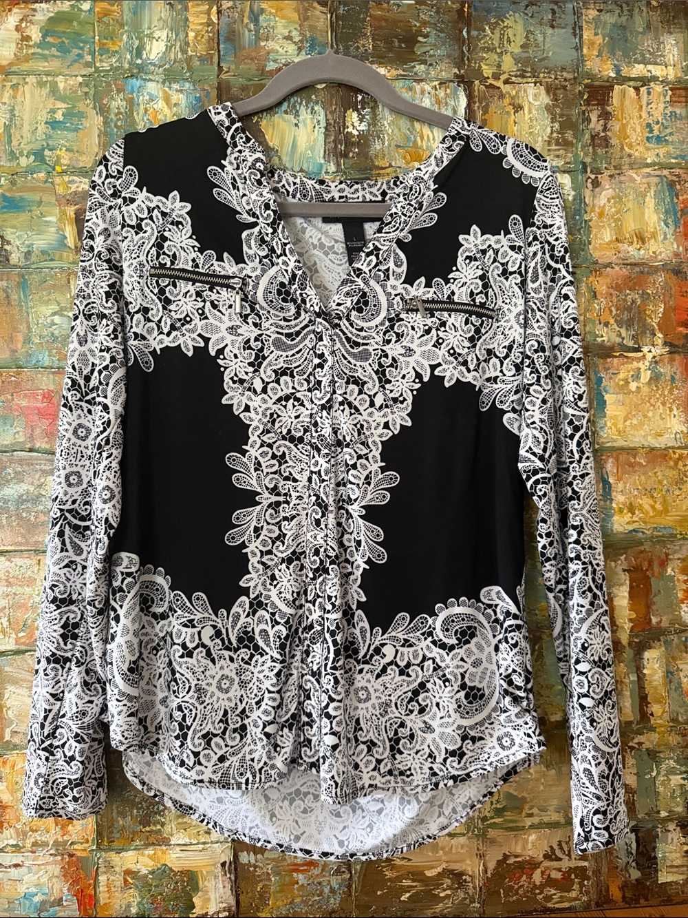 INC International Concepts Black & White Lace-Print Button-Down Top